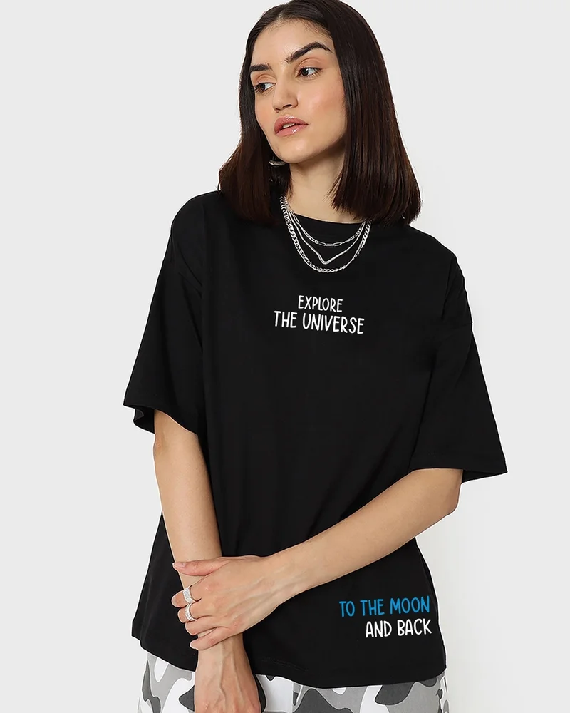 bewakoof Women's Black Space X Graphic Printed Oversized T-shirt